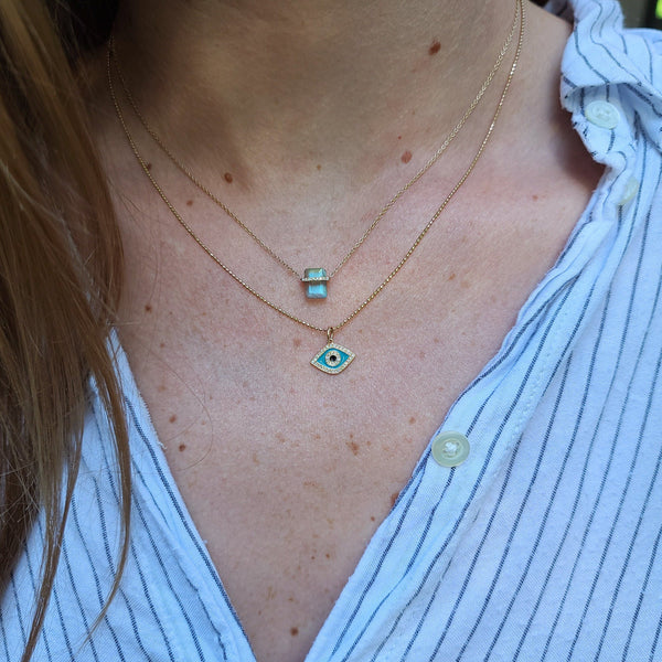 Labradorite Huggie Necklace With Diamonds Mini in 14k Gold and Hamsa Hand