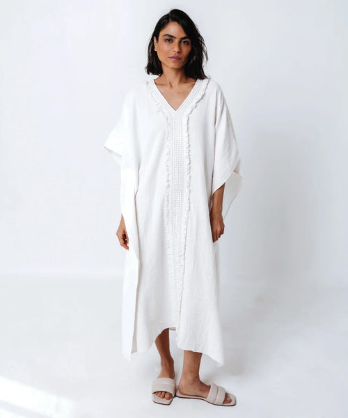 Double Gauze Maxi Caftan with Lace White