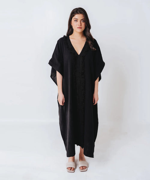Double Gauze Maxi Caftan with Lace Black