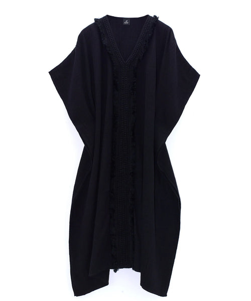 Double Gauze Maxi Caftan with Lace Black