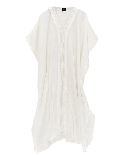 Double Gauze Maxi Caftan with Lace White