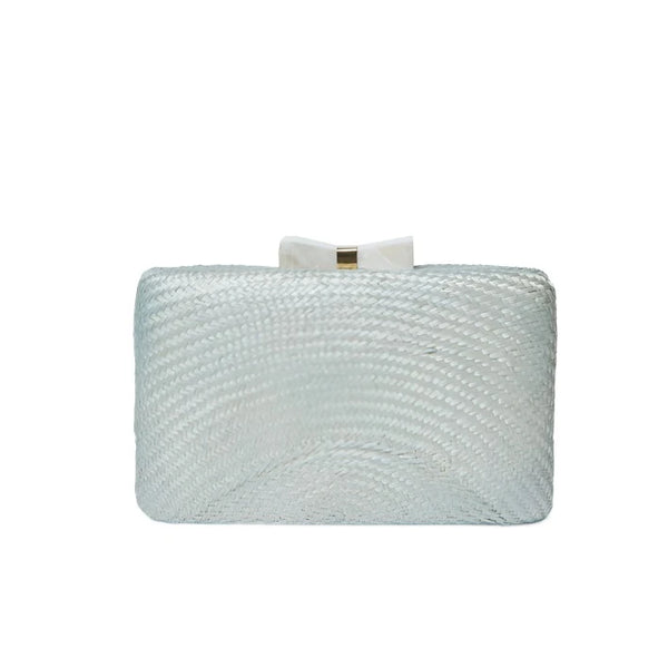 Eloise Bow Straw Clutch Bag Silver Blue