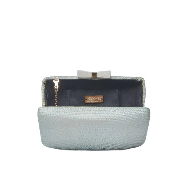 Eloise Bow Straw Clutch Bag Silver Blue