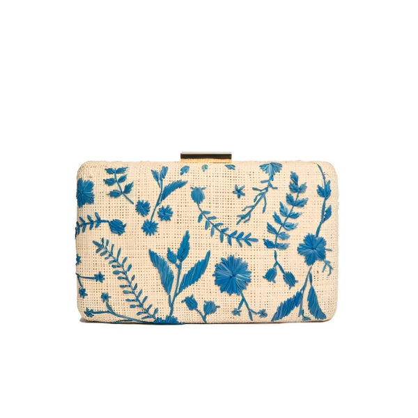 Hana Embroidered Straw Clutch Bag Blue