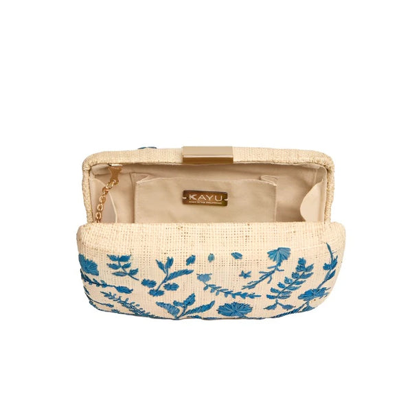 Hana Embroidered Straw Clutch Bag Blue