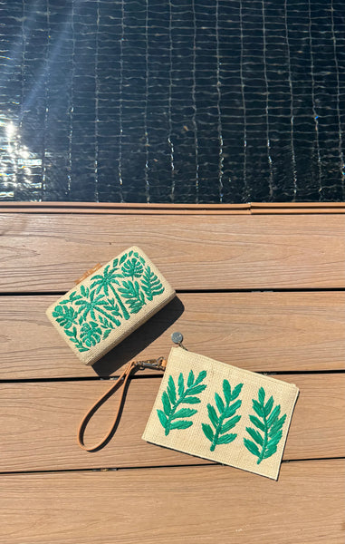 Monstera Straw Pouch Wristlet Bag