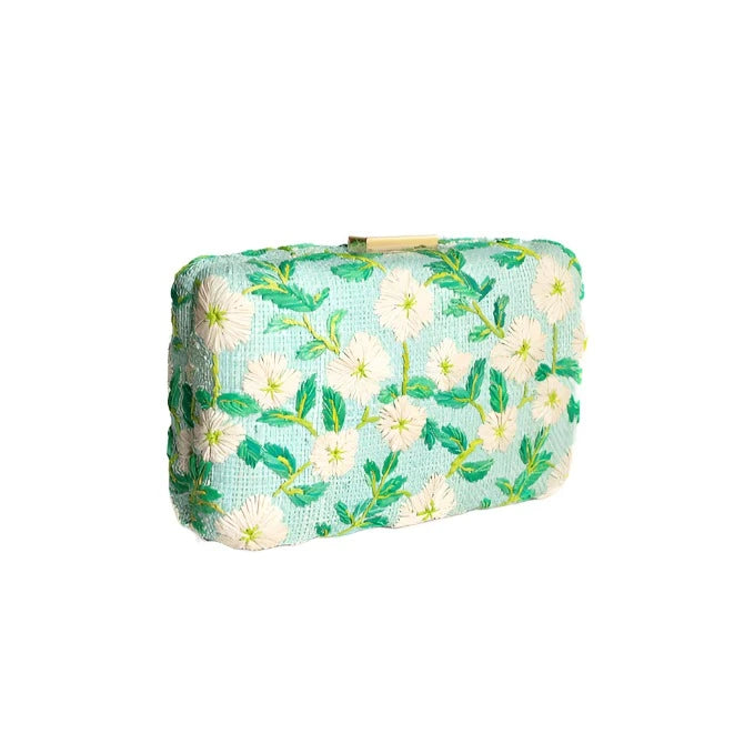 Iris Embroidered Straw Clutch Bag Blue