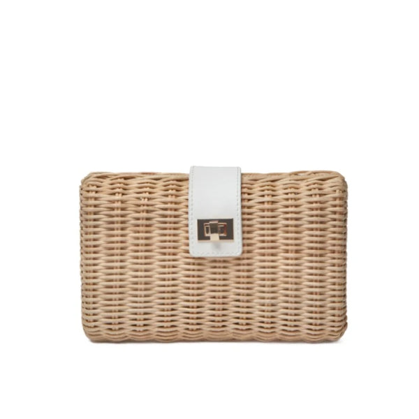 Lou Wicker Straw Clutch Bag Natural and White