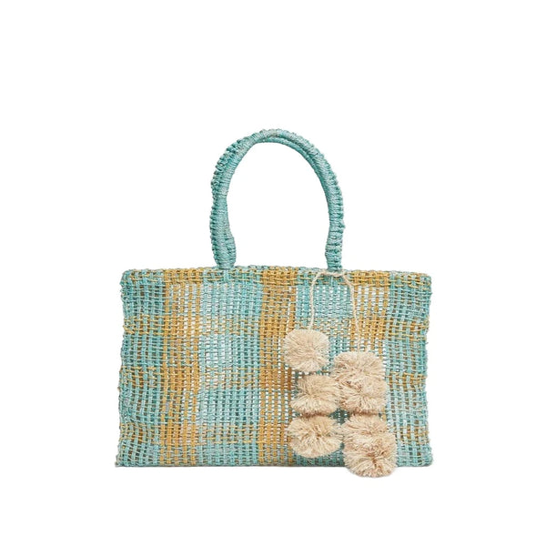 Olive Straw Tote Bag Aqua