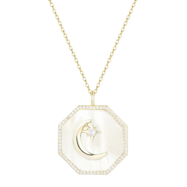 Octagon Moon Medallion Necklace - Pearl