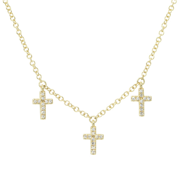 Triple Diamond Cross Necklace in 14k Gold