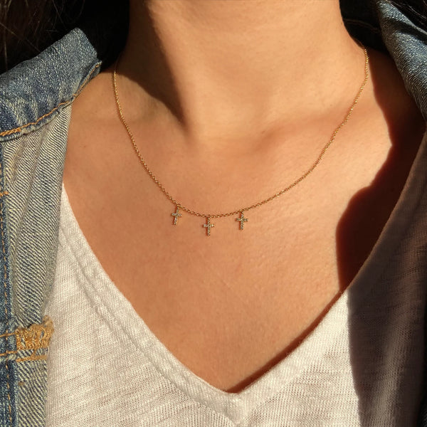 Triple Diamond Cross Necklace in 14k Gold