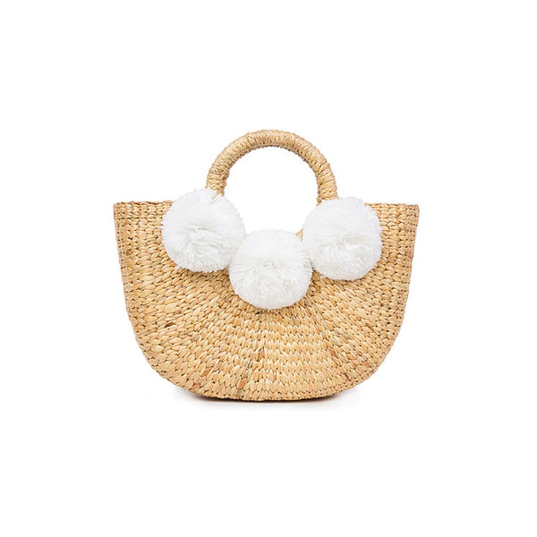 Mini White Pom Woven Basket