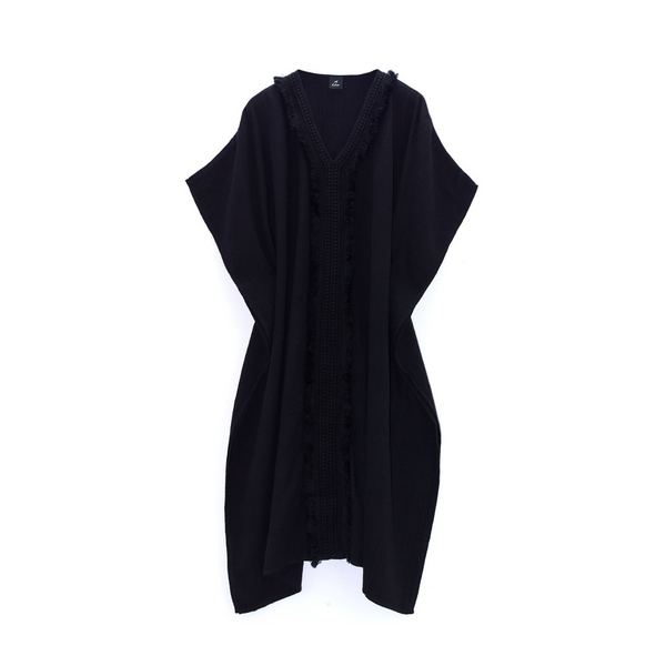 Double Gauze Maxi Caftan with Lace in Black