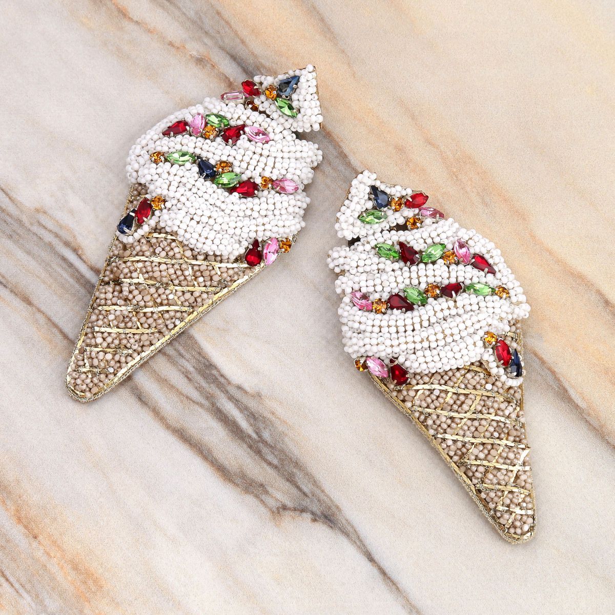 Deepa Gurnani Handmade Ice Cream Cone Earrings on Marble Background