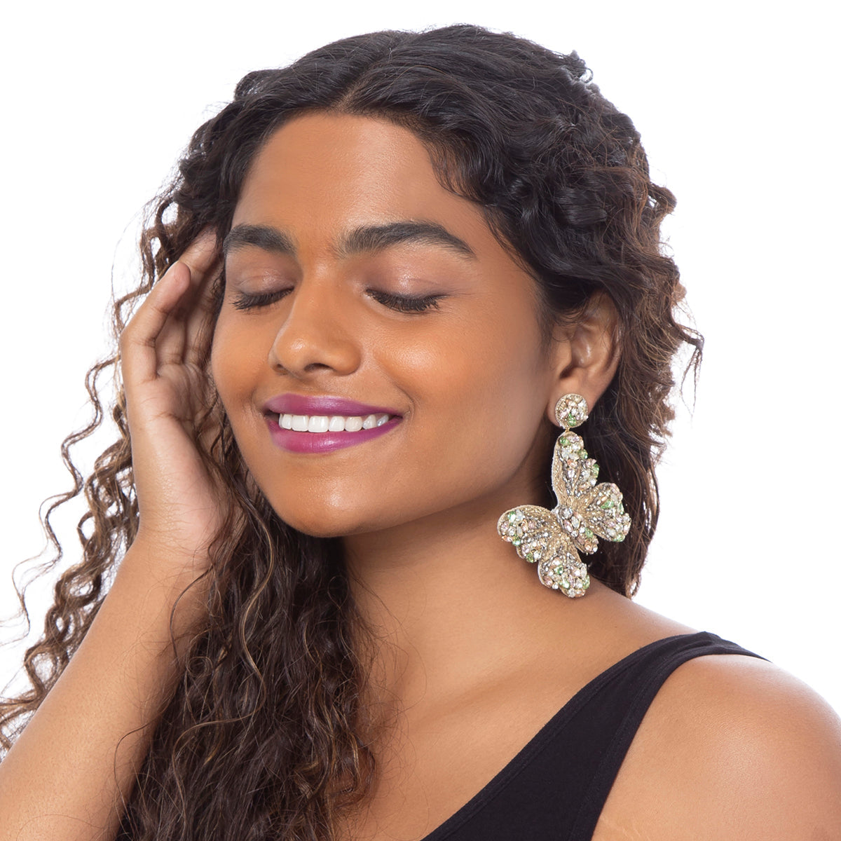 Detailed crystal butterfly earrings by Deepa Gurnani