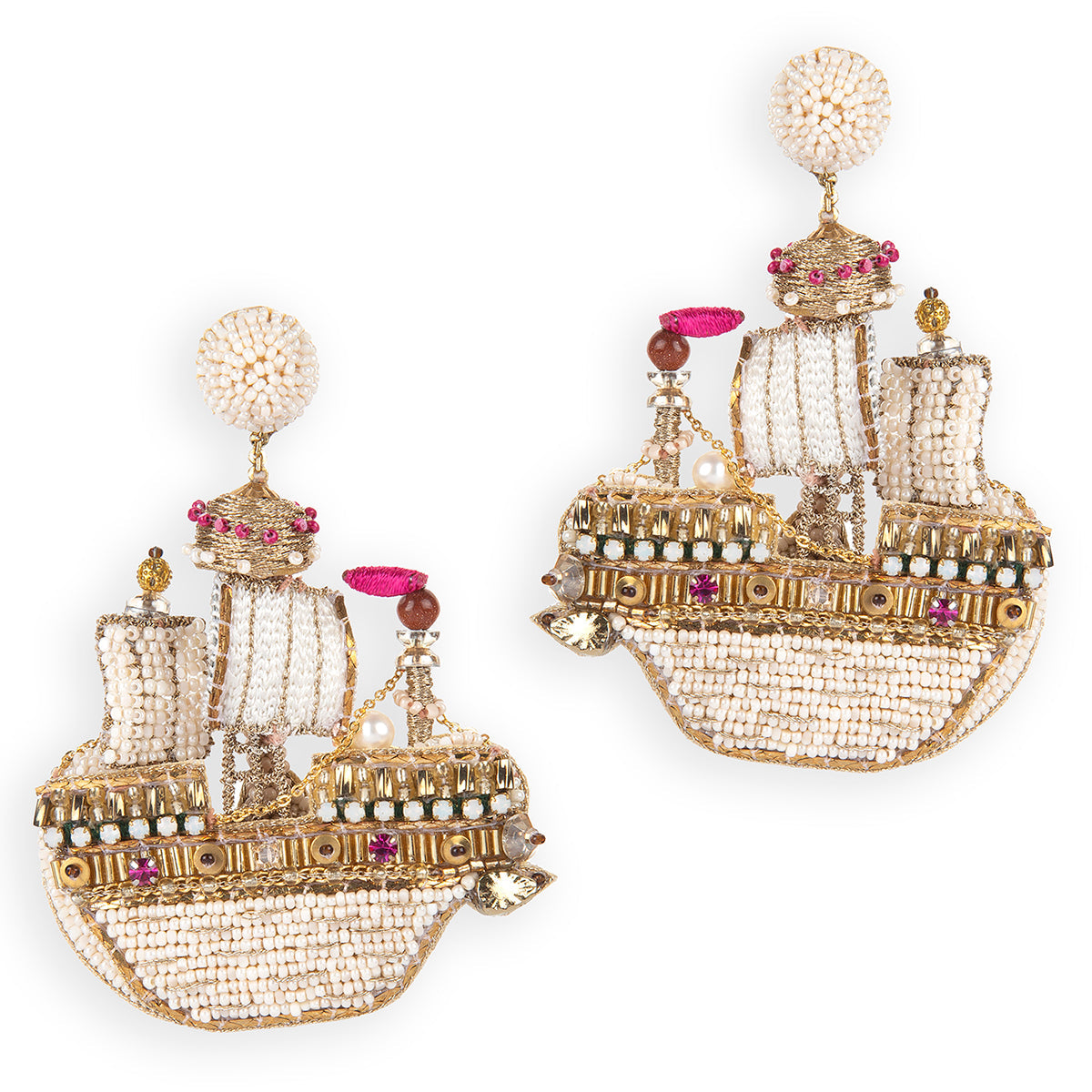 Hand embroidered ship earrings