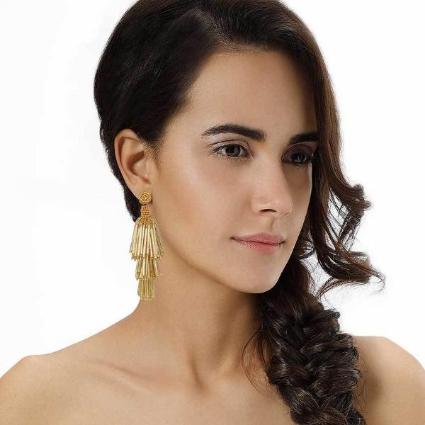 Model Wearing Deepa by Deepa Gurnani Handmade Gold Color Rain Earrings