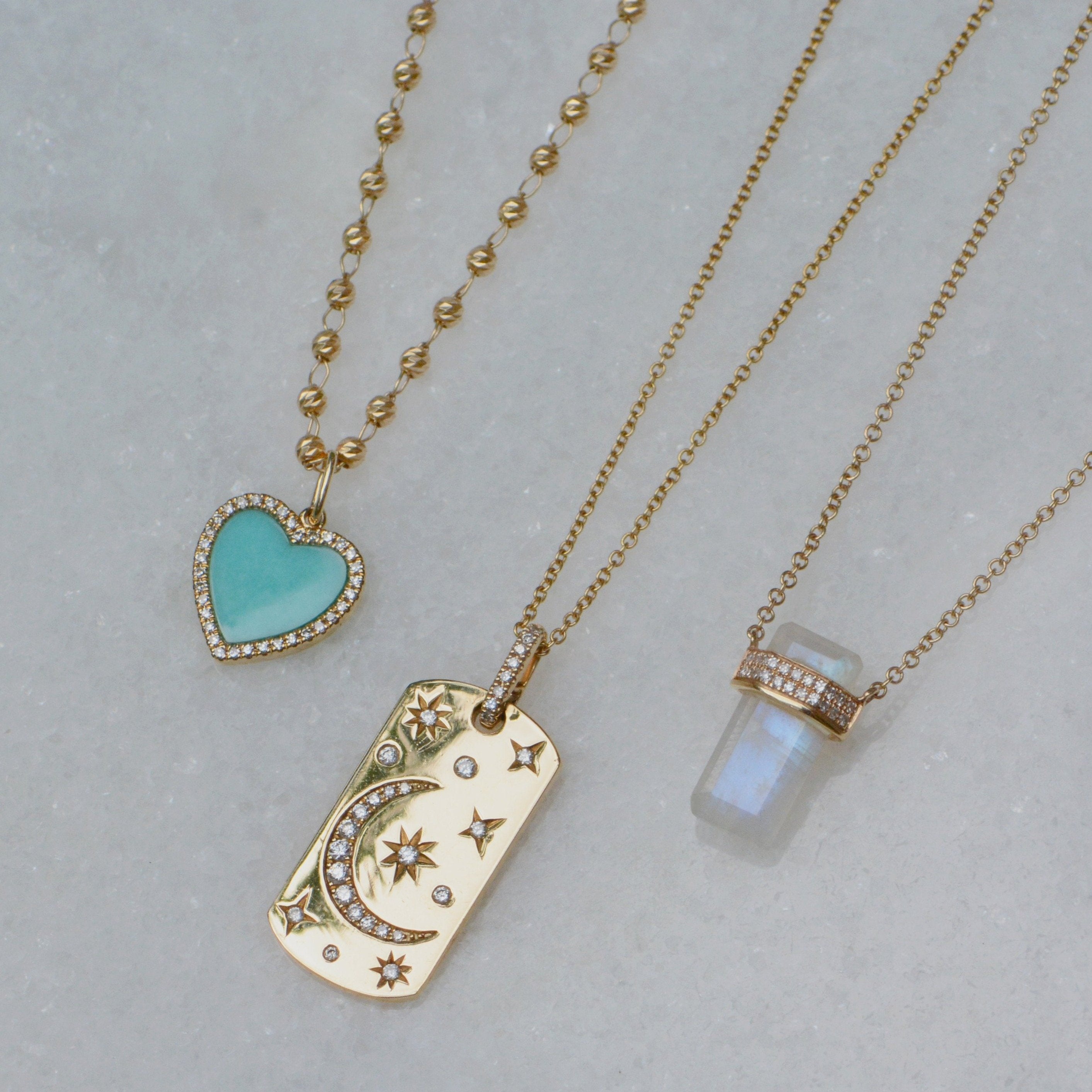 Turquoise Heart Necklace With Diamonds on Paperclip Link Chain 14k and Celestial Dogtag Necklace and Moonstone Necklace