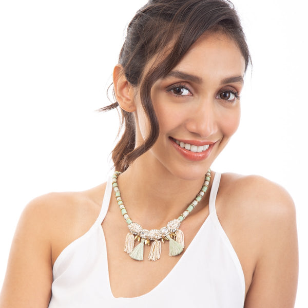 Deepa by Deepa Gurnani Handmade Rachelle Necklace Fuchsia on Wood Background