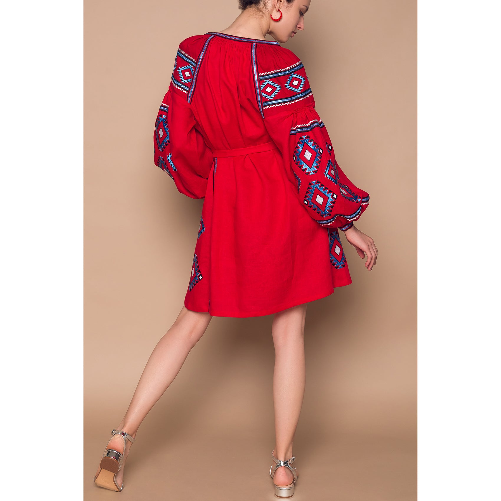 short aztec dress Vintage Aztec Print Mini Dress: 80s Boho Button Front S/M