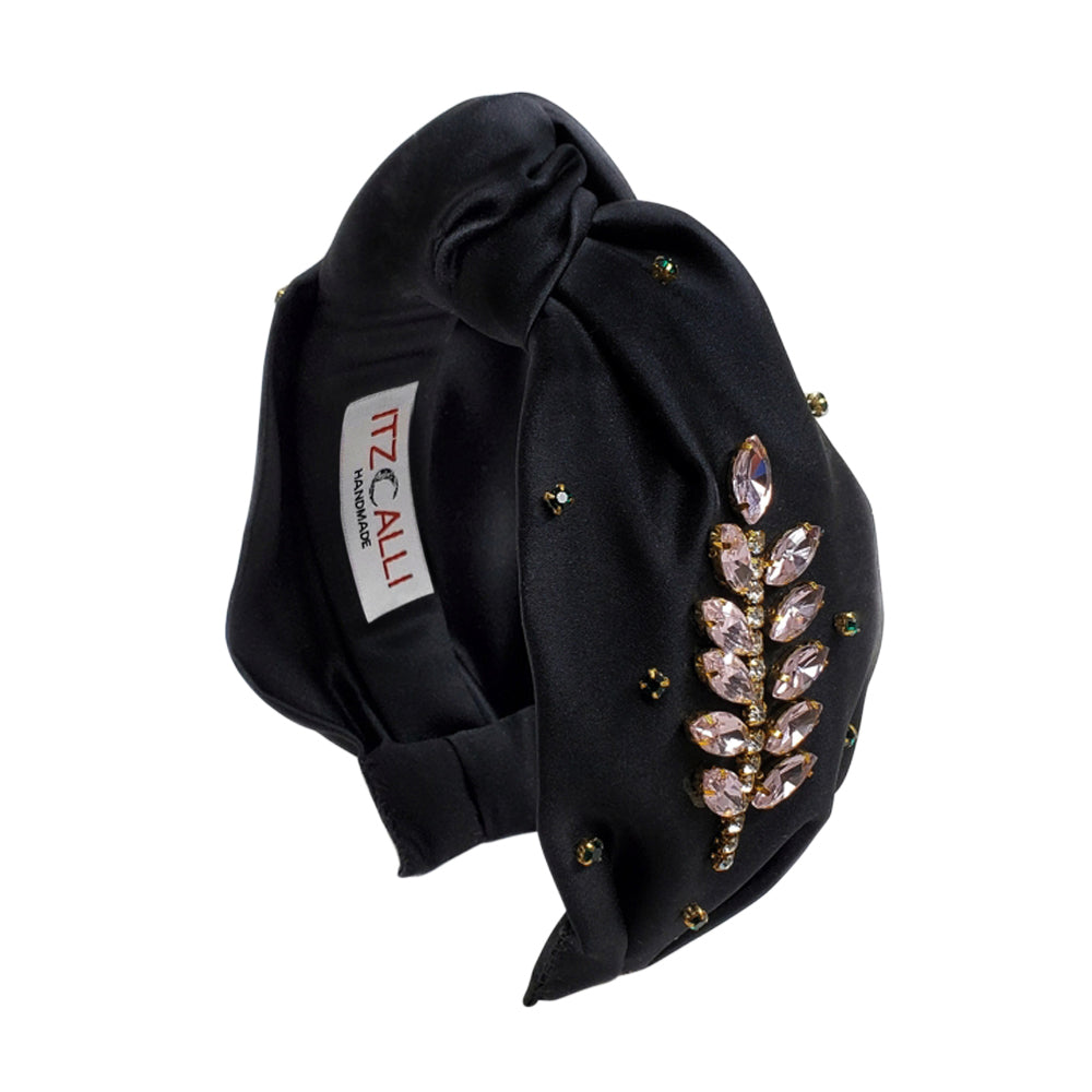 Zoe Satin Crystal Leaf Headband in Black