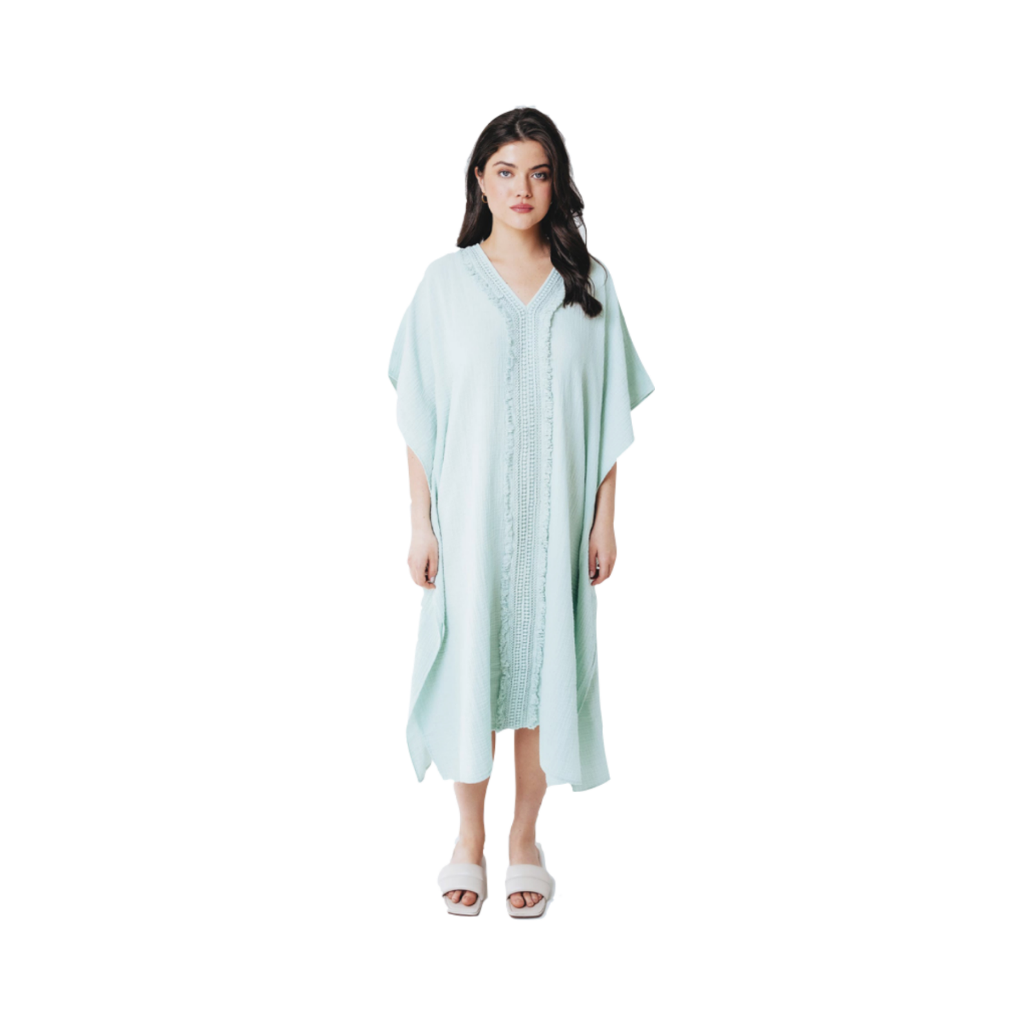 Double Gauze Maxi Caftan with Lace in Pool