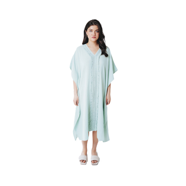 Double Gauze Maxi Caftan with Lace in Beach Glass