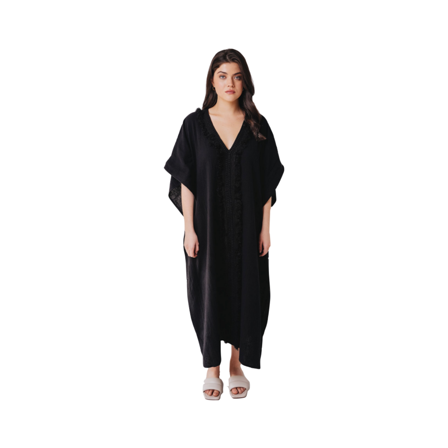 Double Gauze Maxi Caftan with Lace in Black