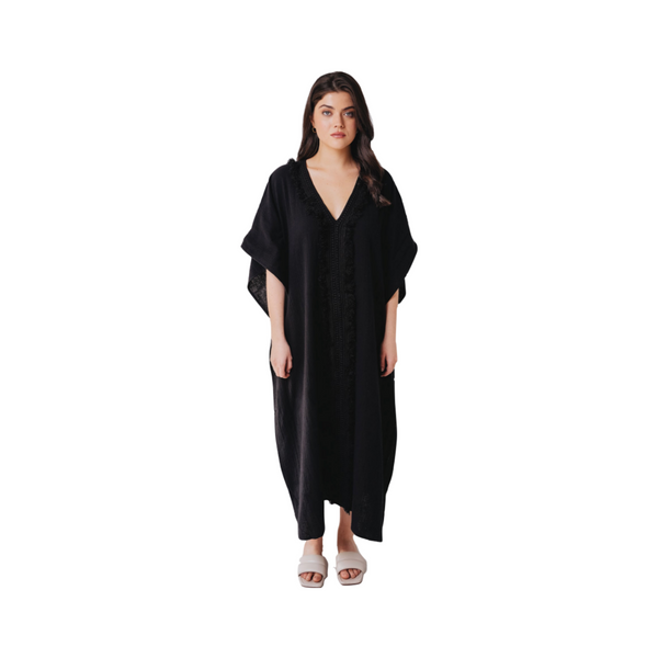 Double Gauze Maxi Caftan with Lace in Black