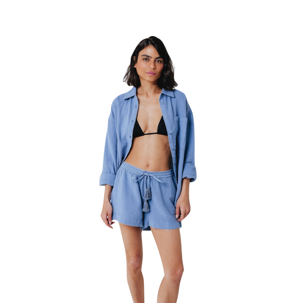 Double Gauze Boyfriend Coverup Shirt in Infinity Blue