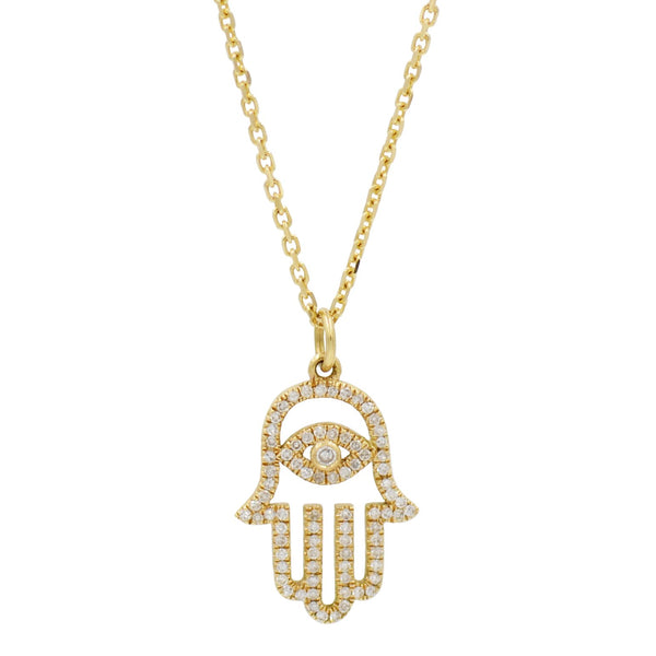 Evil Eye Hamsa Hand Necklace With Diamonds in 14K Gold