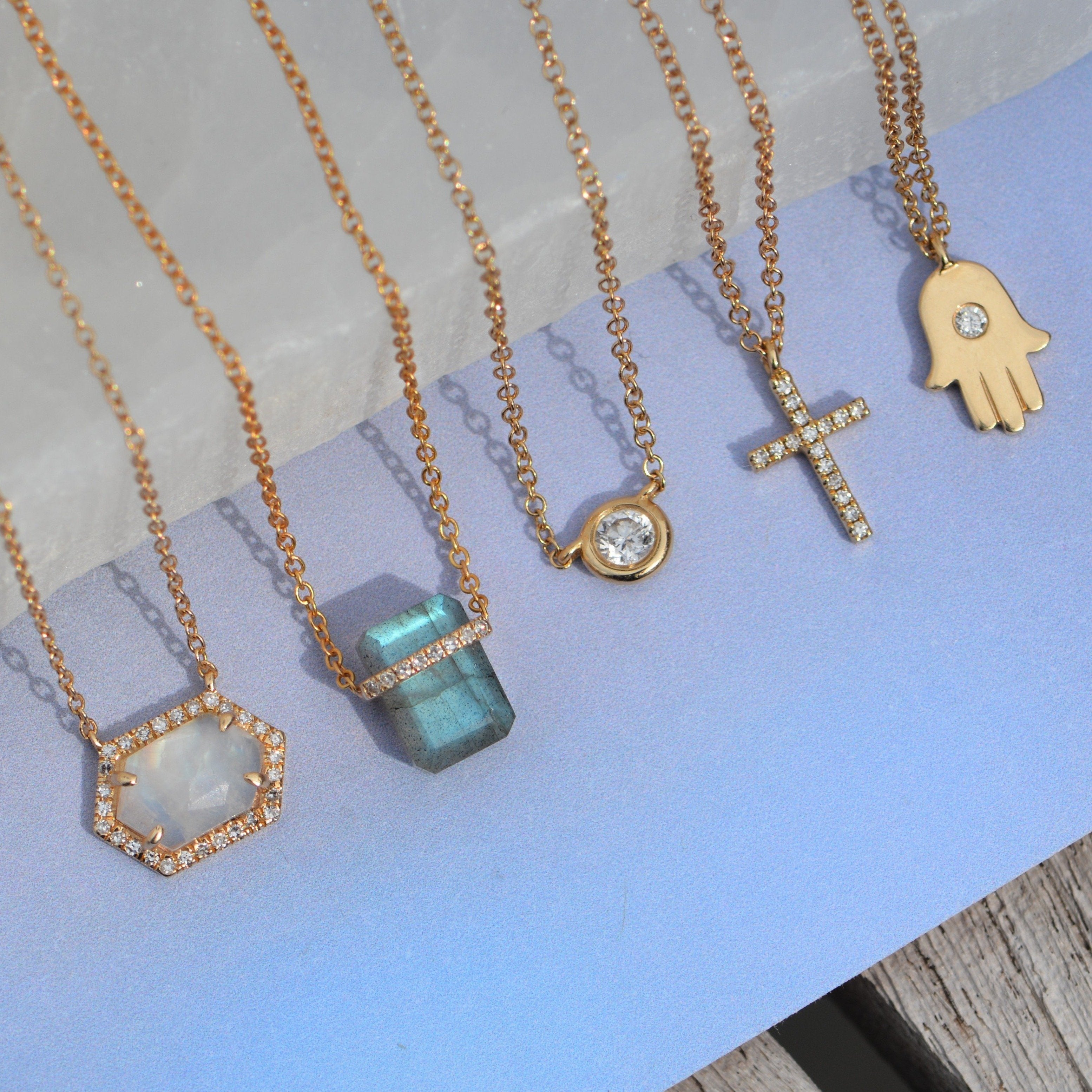 Labradorite Huggie Necklace With Diamonds Mini in 14k Gold and Other Fine Necklaces
