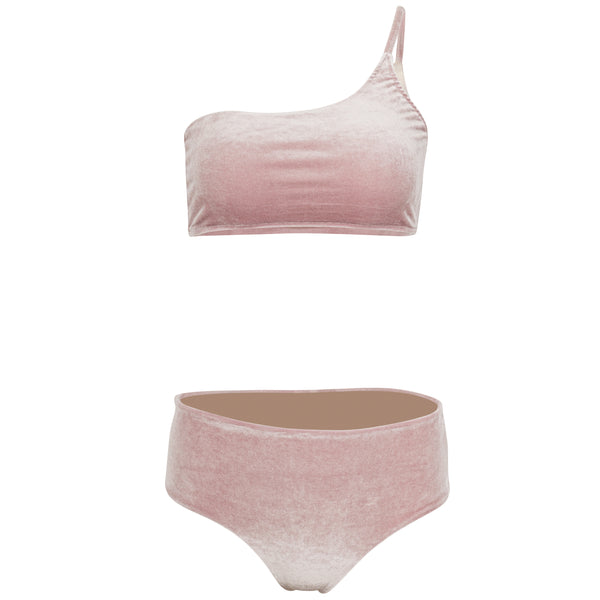 Serena One Shoulder Velvet Bikini Bottom Blush