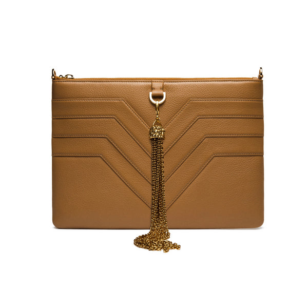 Leather Flat Zip Clutch with Chevron Tan