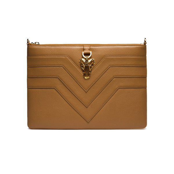 Leather Flat Zip Clutch with Chevron Tan