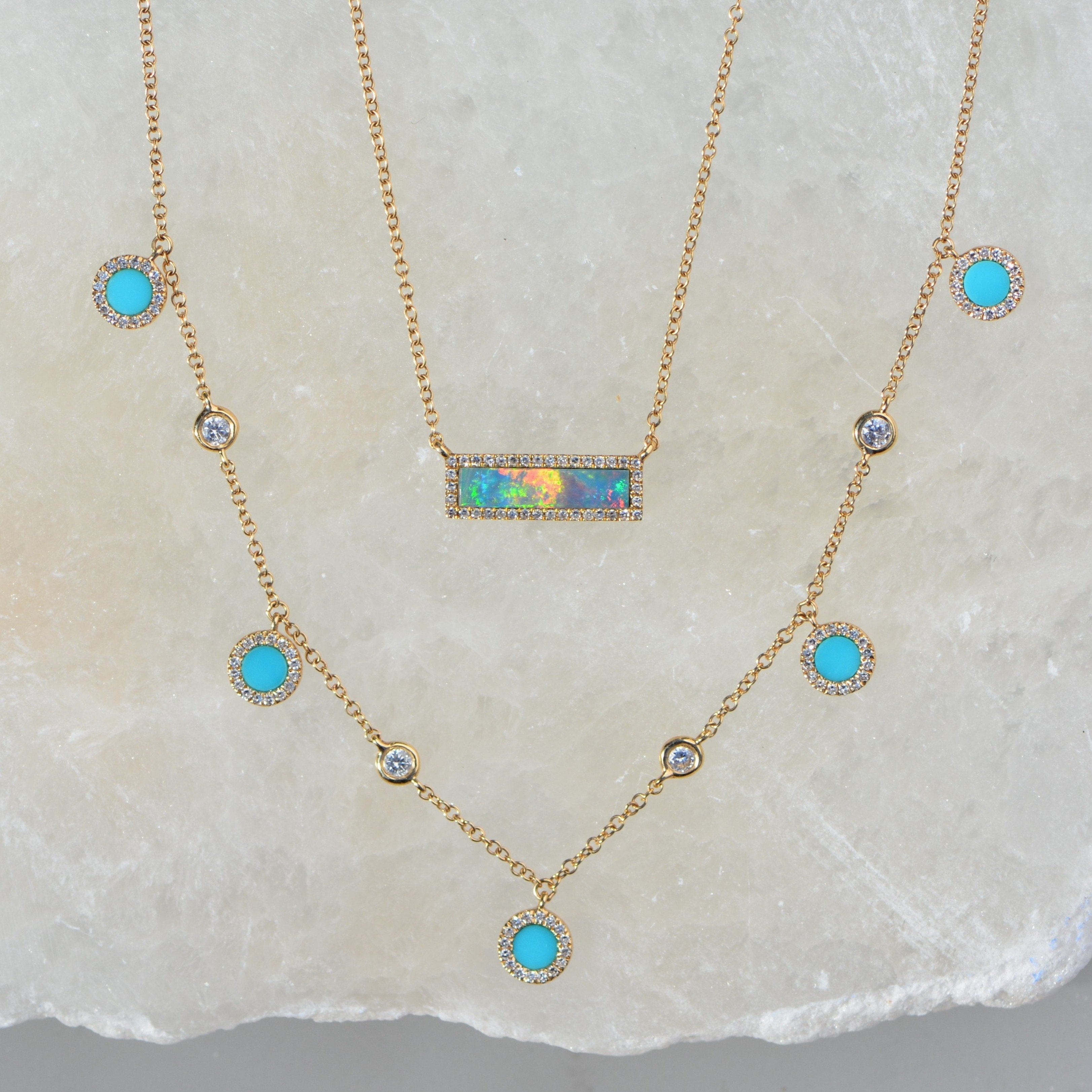 Turquoise Diamond Choker Necklace in 14k Gold Layered With Reflection Opal