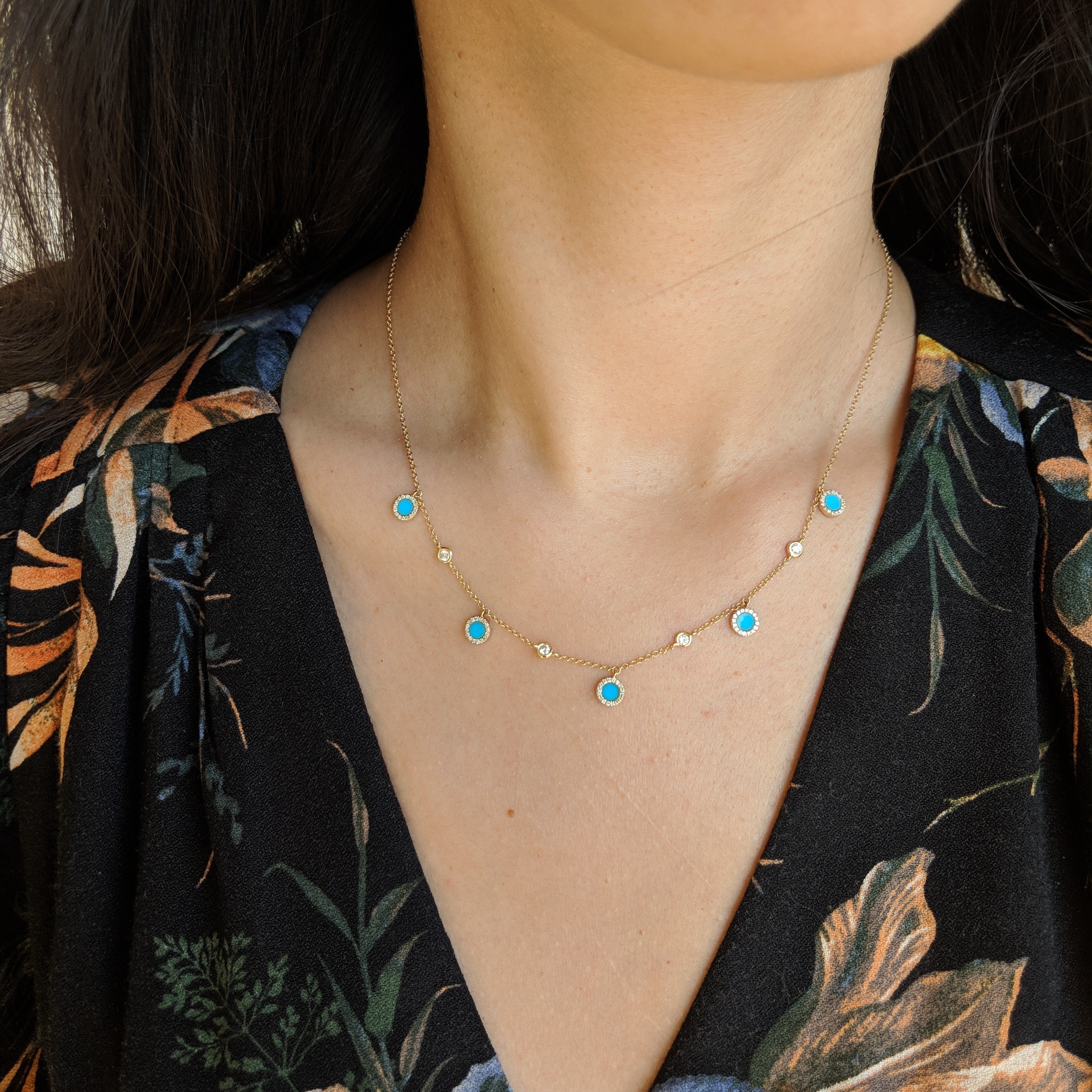 Turquoise Diamond Choker Necklace in 14k Gold Lifestyle