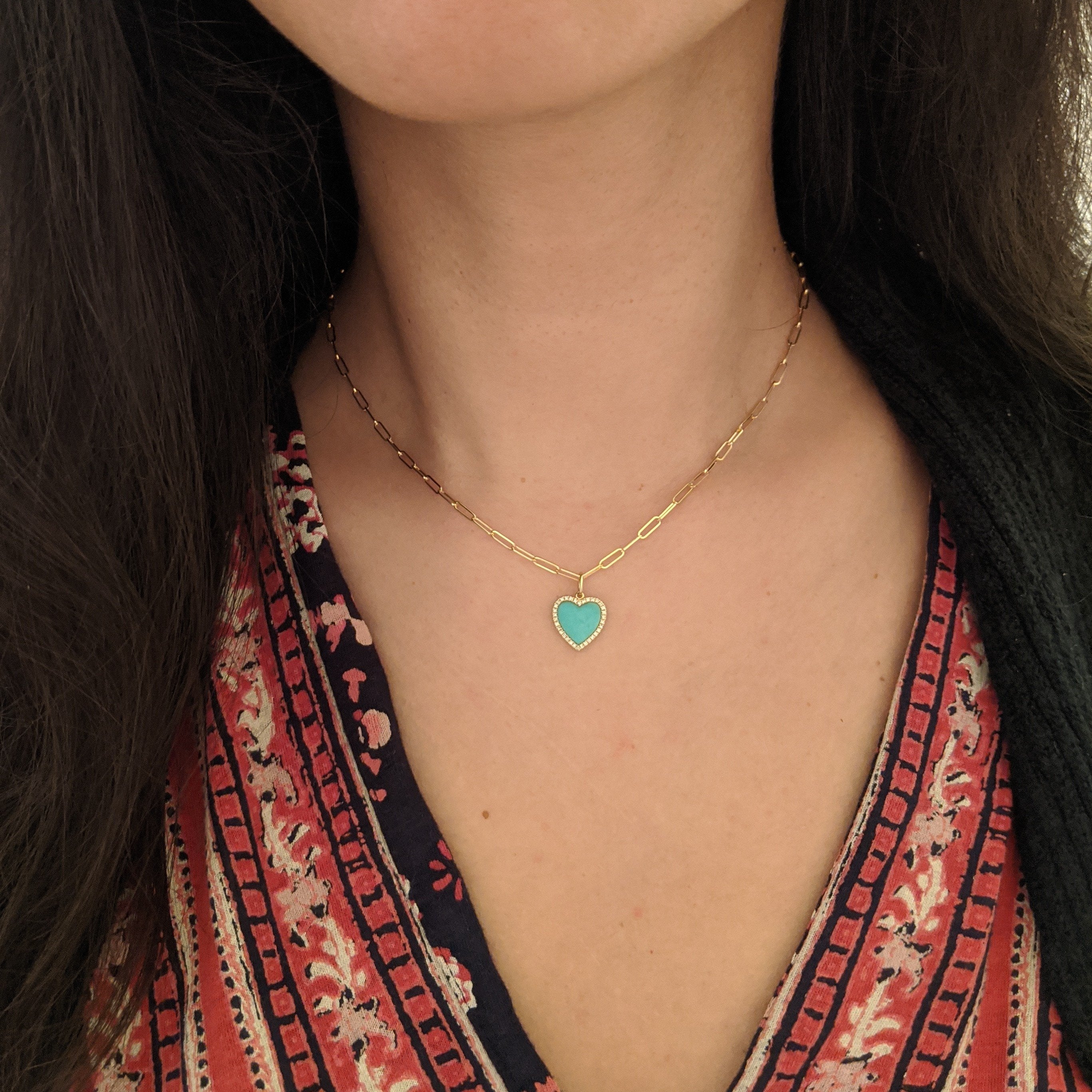 Turquoise Heart Necklace With Diamonds on Paperclip Link Chain 14k Gold on Model