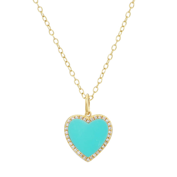Turquoise Heart Necklace With Diamonds on Simple Chain 14k